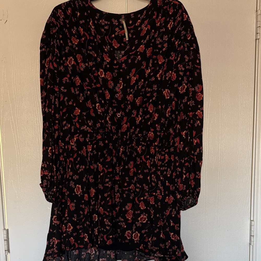 Free People Black and Red Floral Long Sleeve Dress